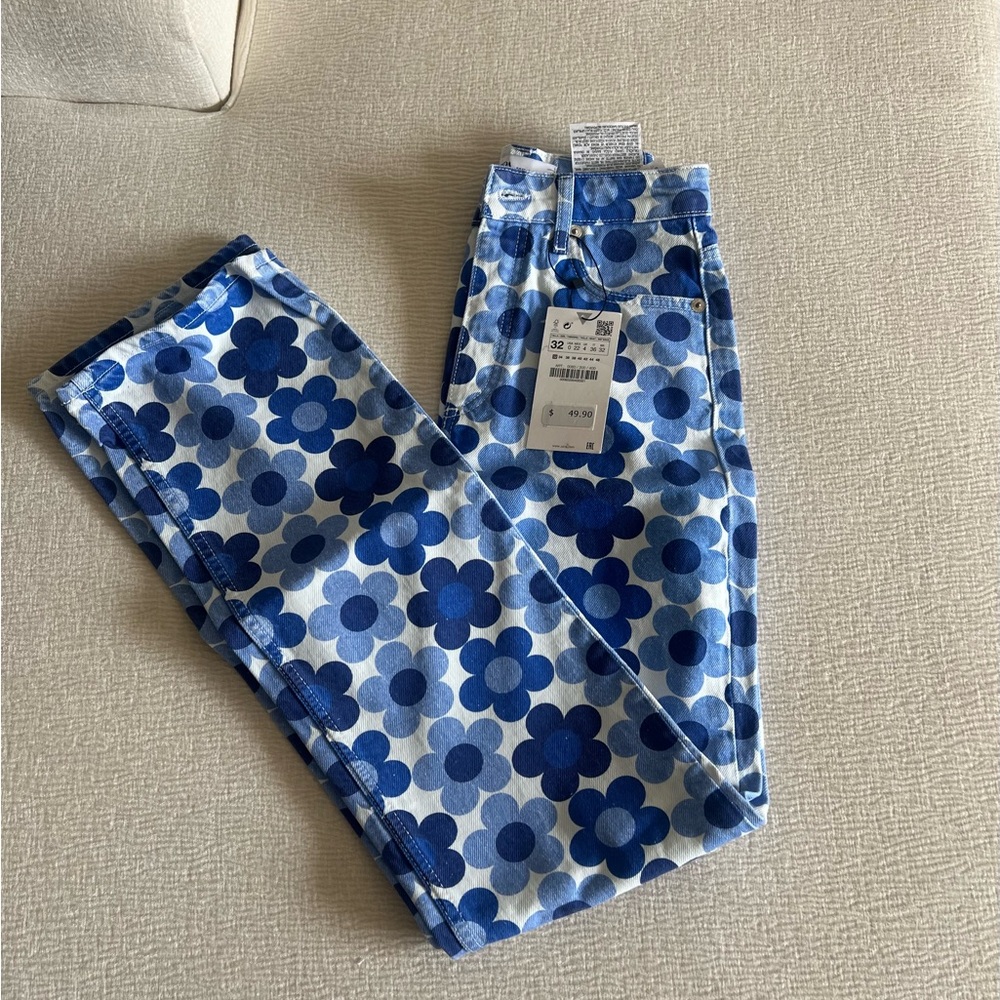 Blue Floral Patterned Jeans